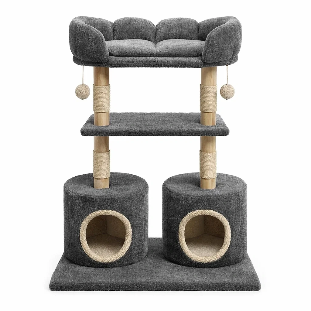 Tiragraffi in Legno e Cotone Grigio con Cucce e Giochi-MODERNOASISLIVING