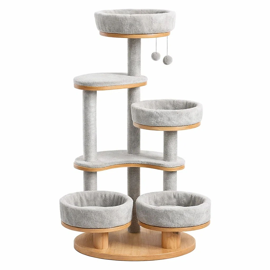 Tiragraffi in Legno e Tessuto di Poliestere Grigio con 5 Livelli e 4 Cucce-MODERNOASISLIVING