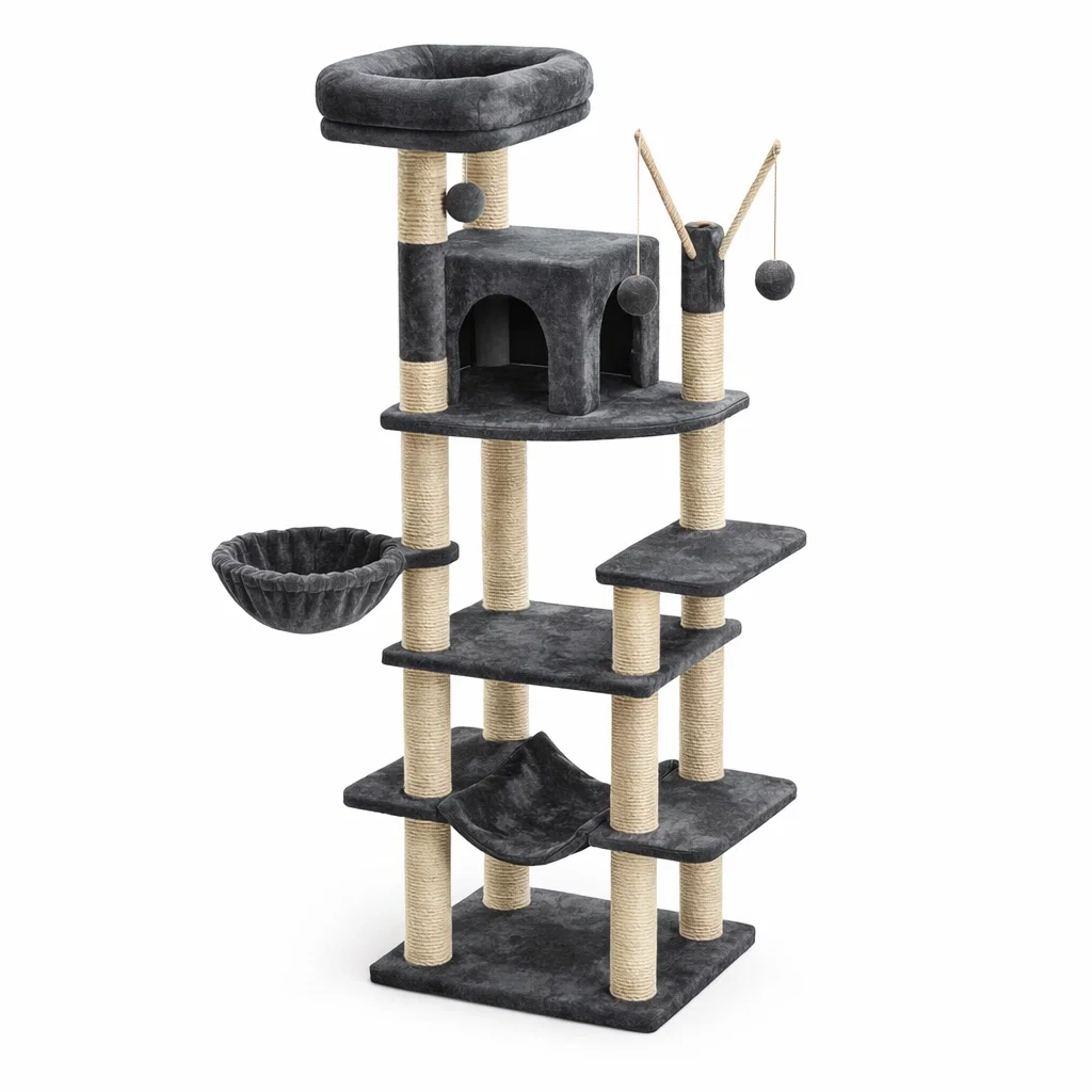 Tiragraffi con Piattaforme e Amaca in Sisal e Stoffa Grigio Scuro-MODERNOASISLIVING