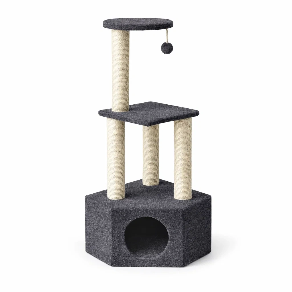 Tiragraffi in Tessuto Grigio con Pali in Sisal a 3 Livelli-MODERNOASISLIVING