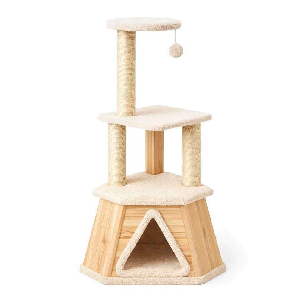 Tiragraffi in Legno di Pino con Sisal e Tessuto a 3 Livelli Altezza Beige-MODERNOASISLIVING