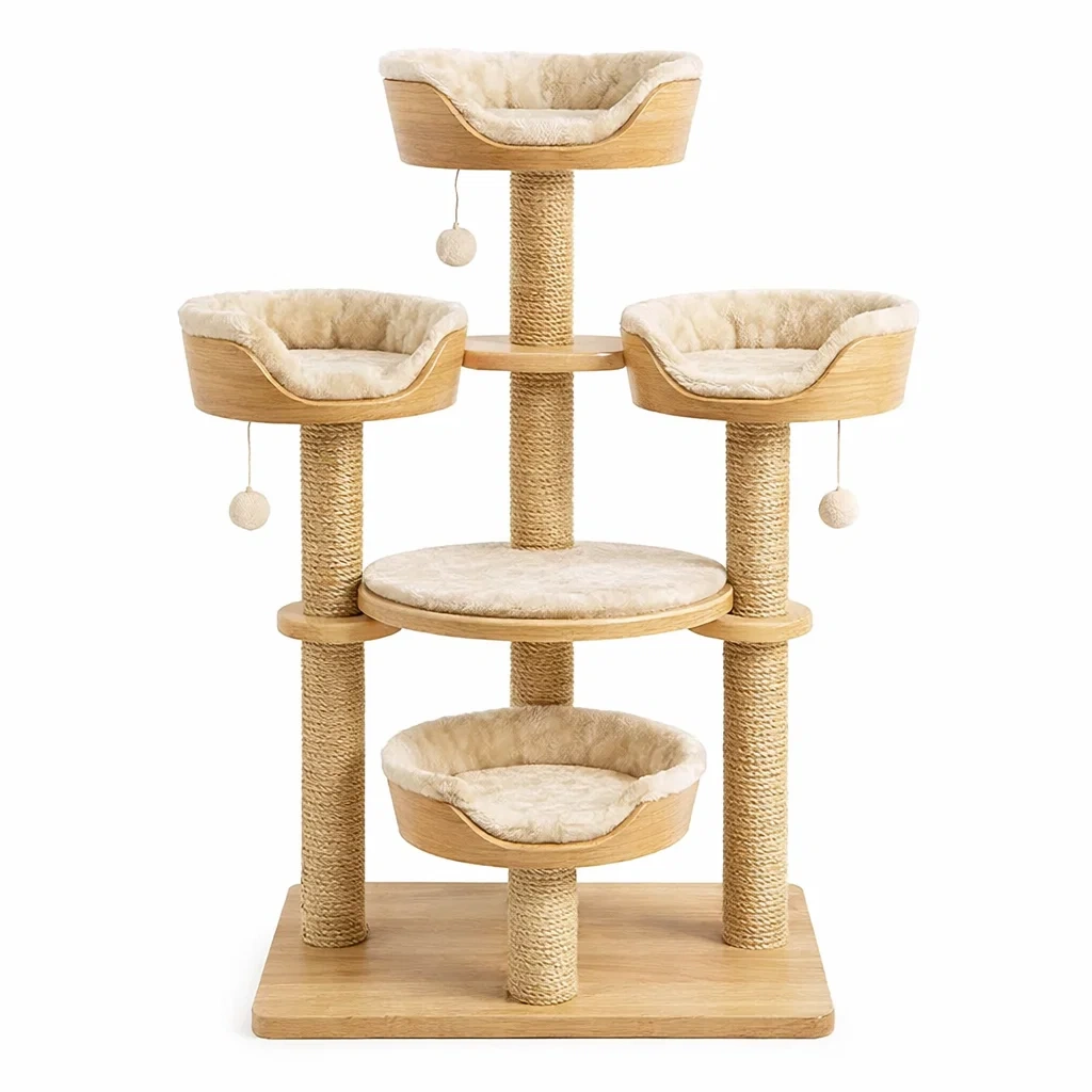 Tiragraffi in Legno e Sisal con Cuccette Beige-MODERNOASISLIVING