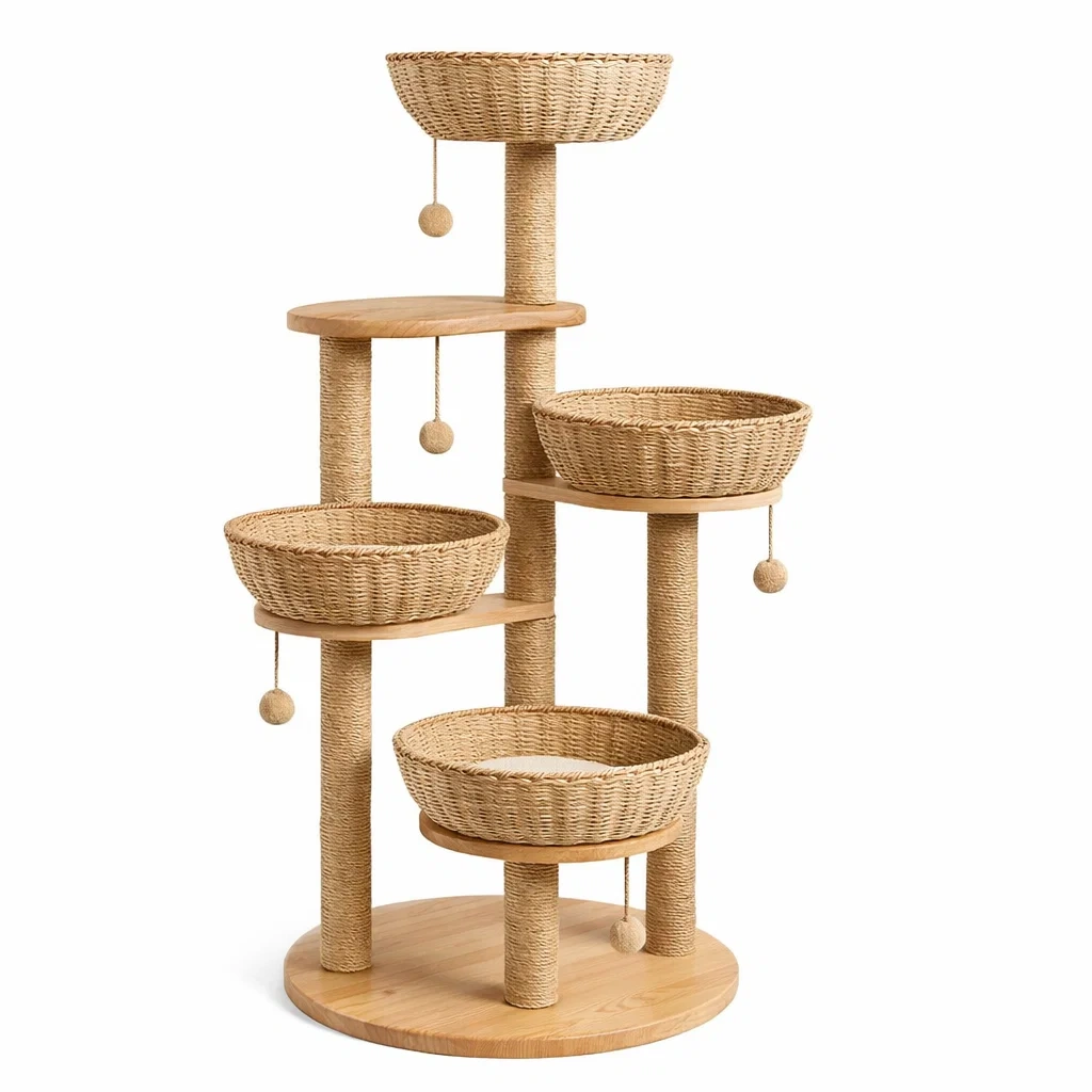 Tiragraffi in Legno e Sisal Multilivello con Ceste-MODERNOASISLIVING