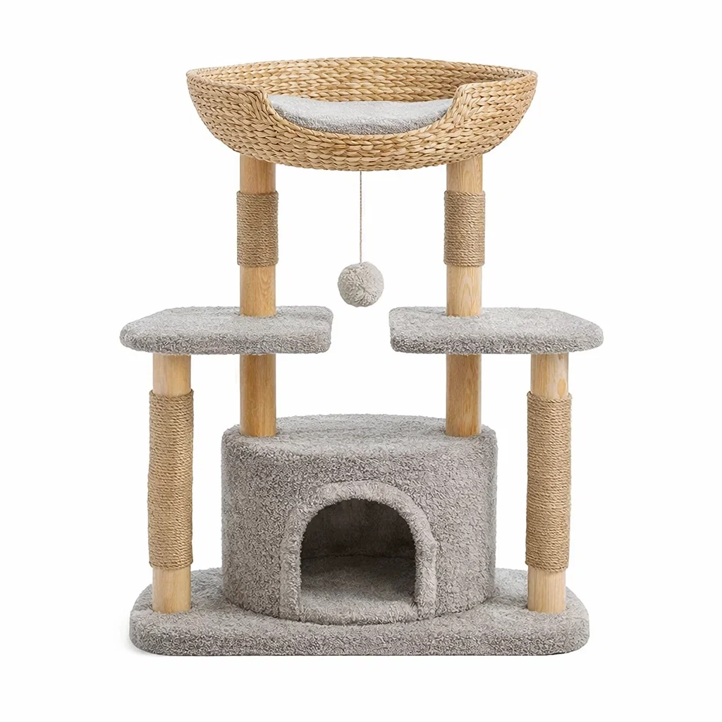 Tiragraffi in Legno e Sisal con Cuccia Piattaforme e Pallina Sospesa Grigio Naturale-MODERNOASISLIVING