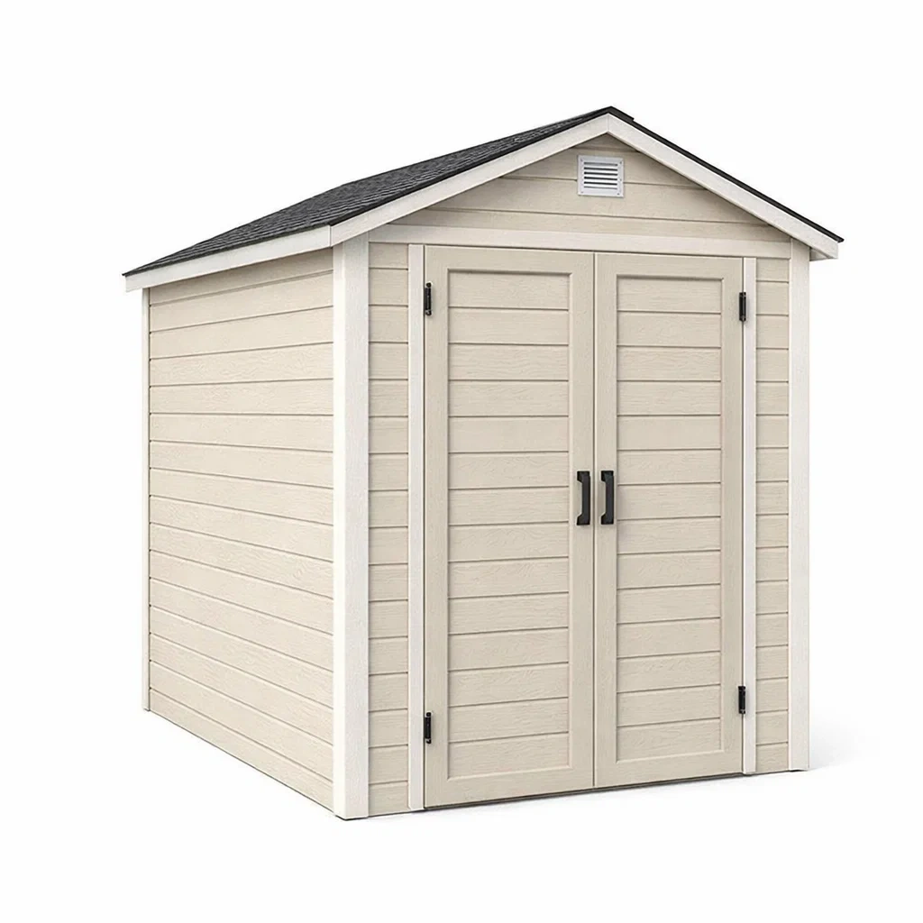 Casetta da giardino in Resina con Tegole Bituminose Beige Bianco-MODERNOASISLIVING