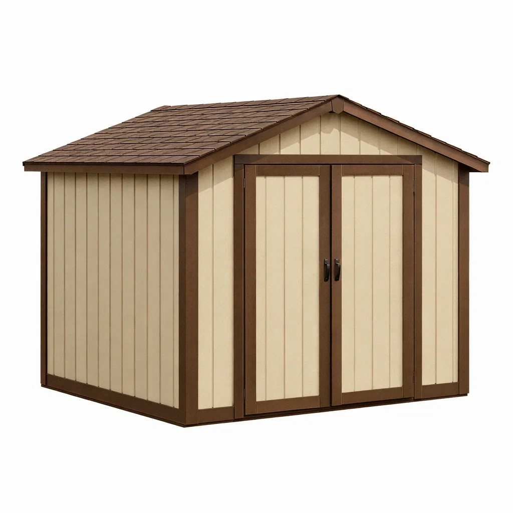 Casetta da giardino in Resina Beige Marrone con Doppia Porta-MODERNOASISLIVING