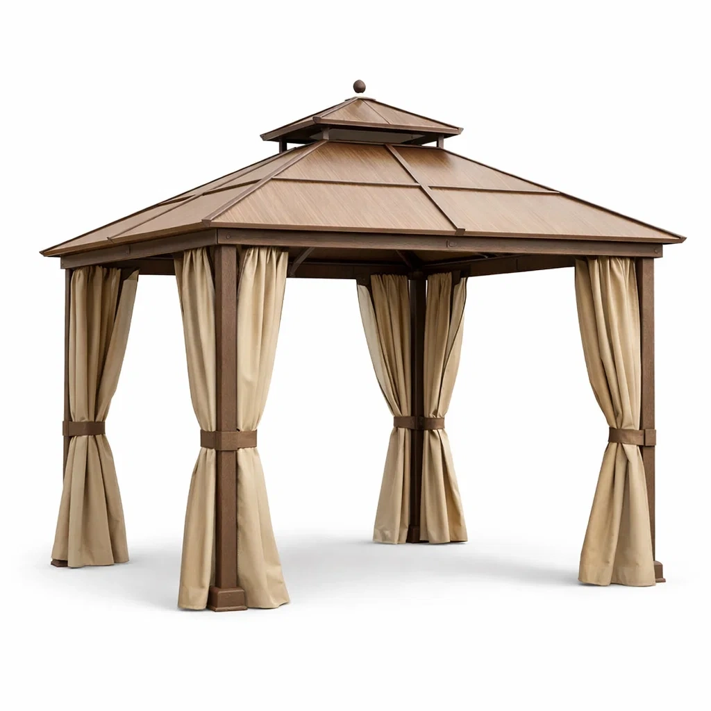 Gazebo in Metallo con Tetto in Acciaio e Tende in Poliestere-MODERNOASISLIVING