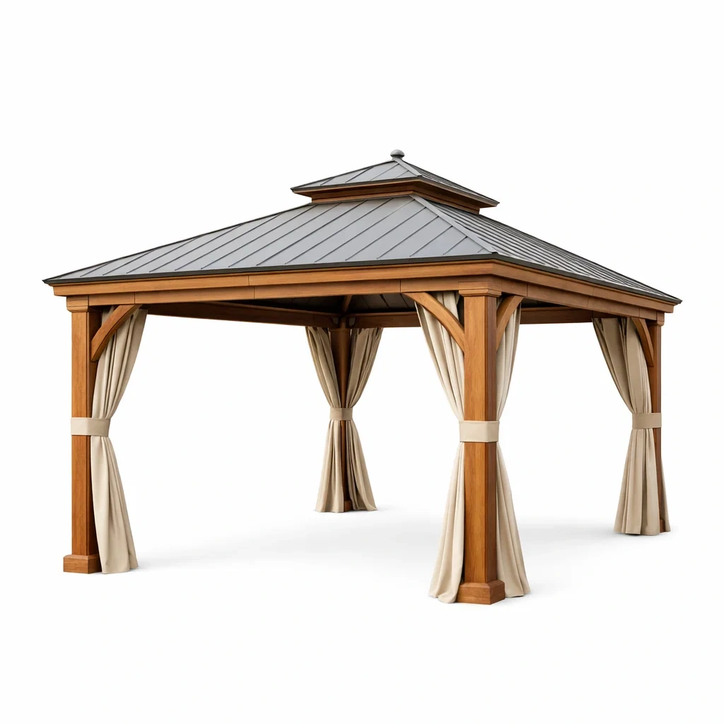 Gazebo in Legno con Tetto in Metallo e Tende in Poliestere 400x300x270 cm Marrone Beige-MODERNOASISLIVING