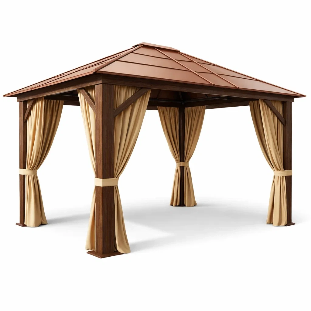 Gazebo in Legno con Tetto in Metallo e Tende-MODERNOASISLIVING