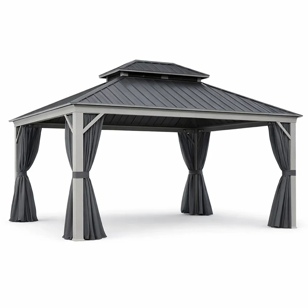 Gazebo in Alluminio e Acciaio con Tende Grigie-MODERNOASISLIVING