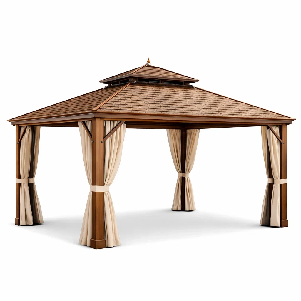 Gazebo in Legno con Tende Crema-MODERNOASISLIVING