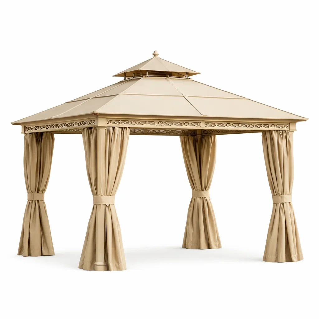 Gazebo in Alluminio con Tettuccio e Tende in Poliestere-MODERNOASISLIVING