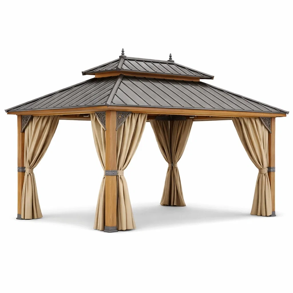 Gazebo in Legno e Acciaio con Tetto a Due Livelli e Tende in Poliestere-MODERNOASISLIVING