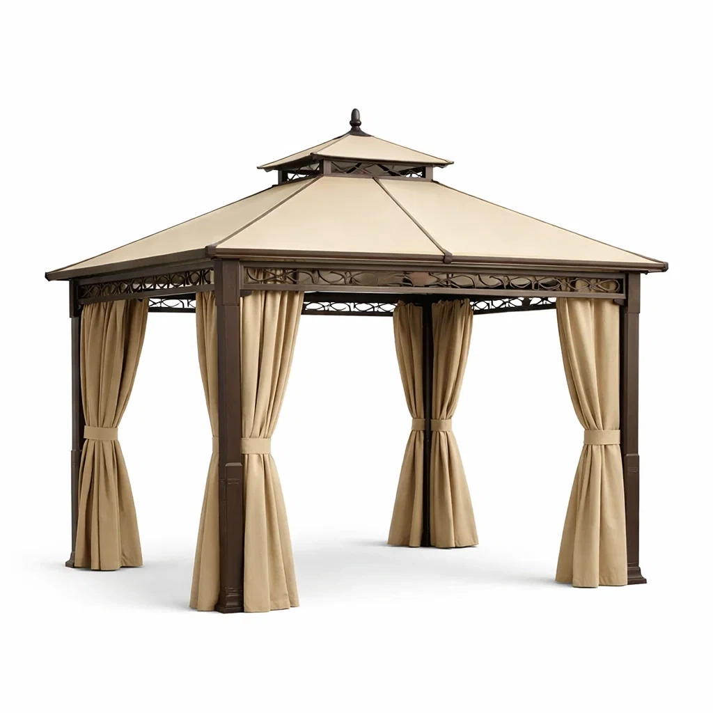 Gazebo in Acciaio con Tetto e Tende in Poliestere Beige-MODERNOASISLIVING