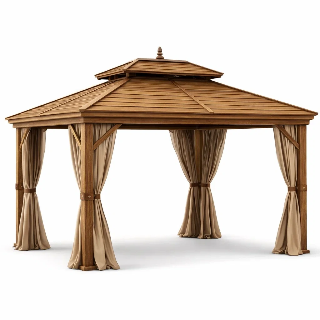 Gazebo Rettangolare in Legno con Tende in Poliestere-MODERNOASISLIVING