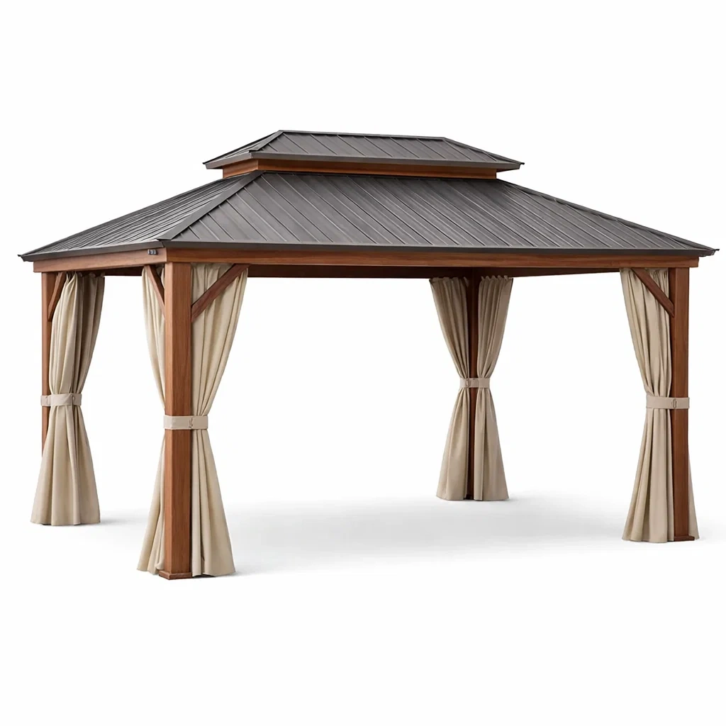 Gazebo in Alluminio e Acciaio con Tetto a Due Livelli e Tende Beige-MODERNOASISLIVING