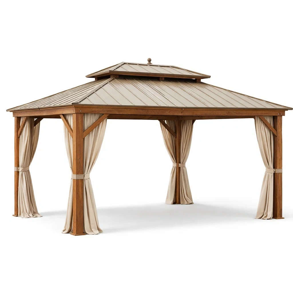Gazebo in Legno con Tetto in Metallo e Tende in Poliestere Beige-MODERNOASISLIVING