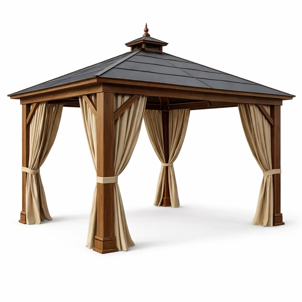 Gazebo in Legno con Tetto in Policarbonato e Tende Beige-MODERNOASISLIVING