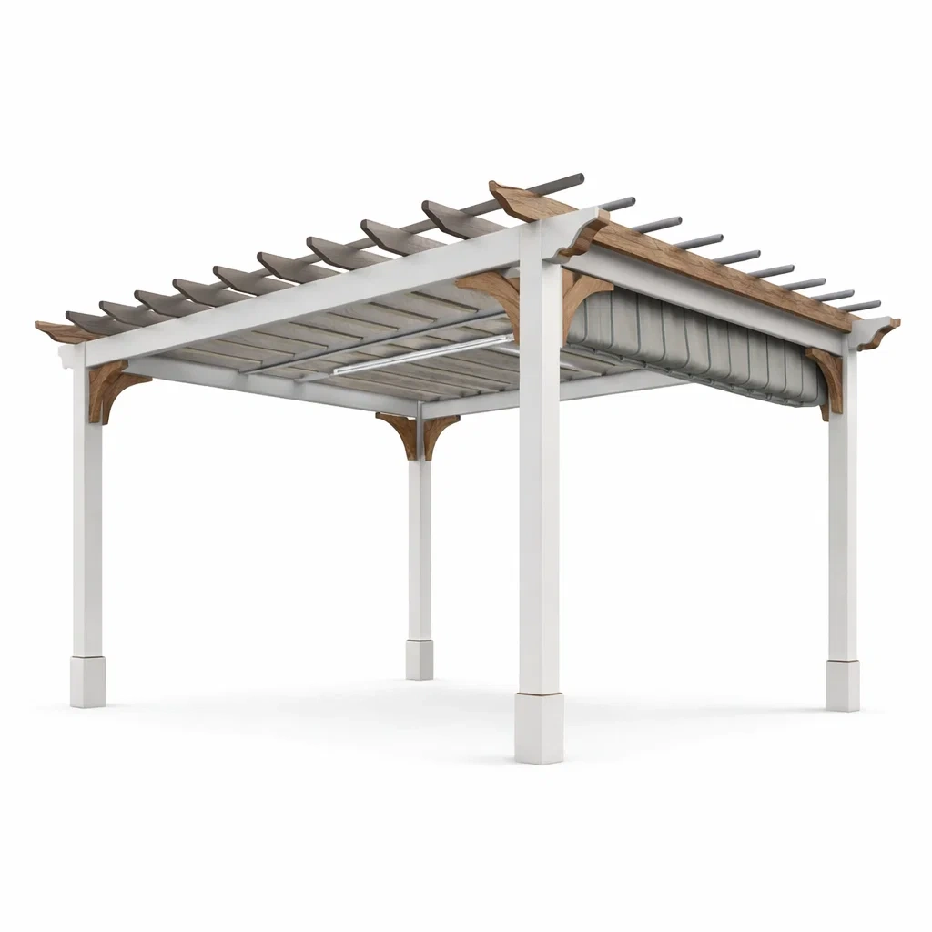 Pergola in Legno e Alluminio Bianco Marrone con Copertura Grigia-MODERNOASISLIVING