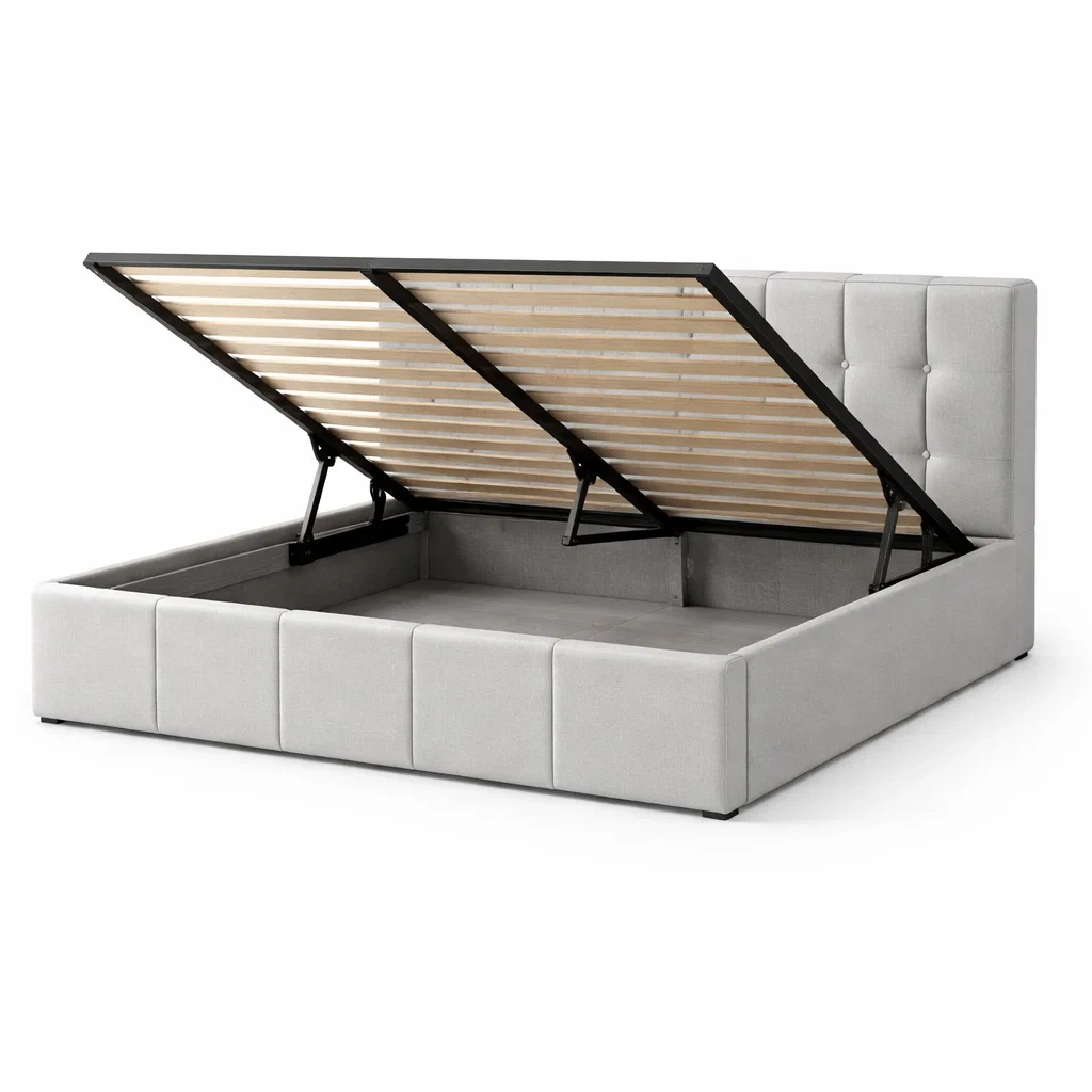 Letto contenitore matrimoniale in tessuto grigio con struttura in legno-COZYNESTZZ