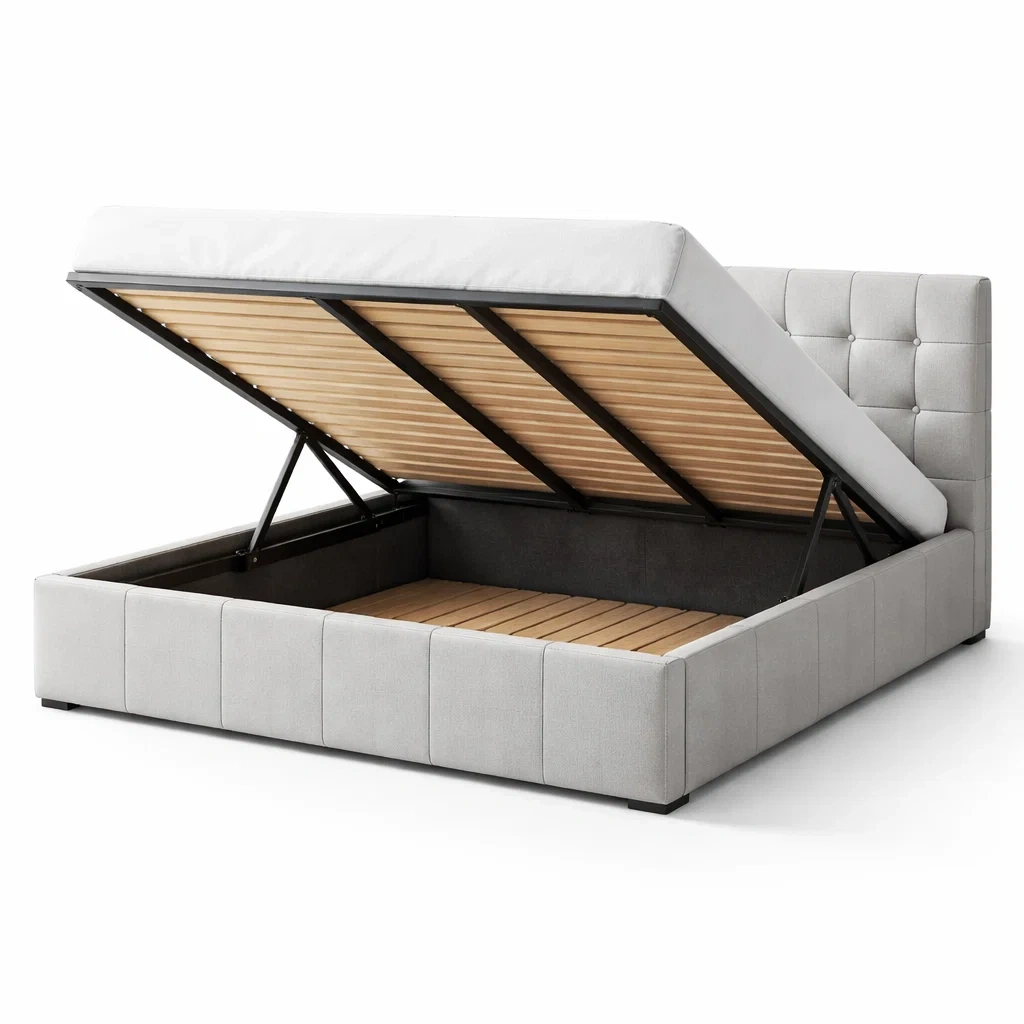 Letto contenitore in tessuto grigio con testiera imbottita-COZYNESTZZ