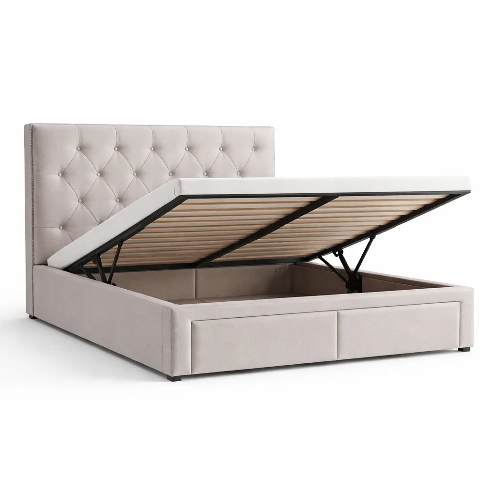 Letto contenitore in tessuto beige-COZYNESTZZ