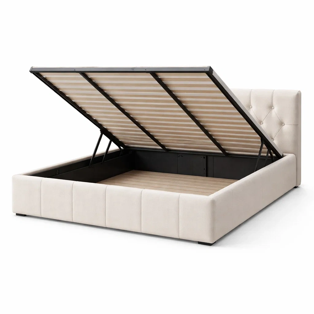 Letto contenitore in acciaio e tessuto beige-COZYNESTZZ