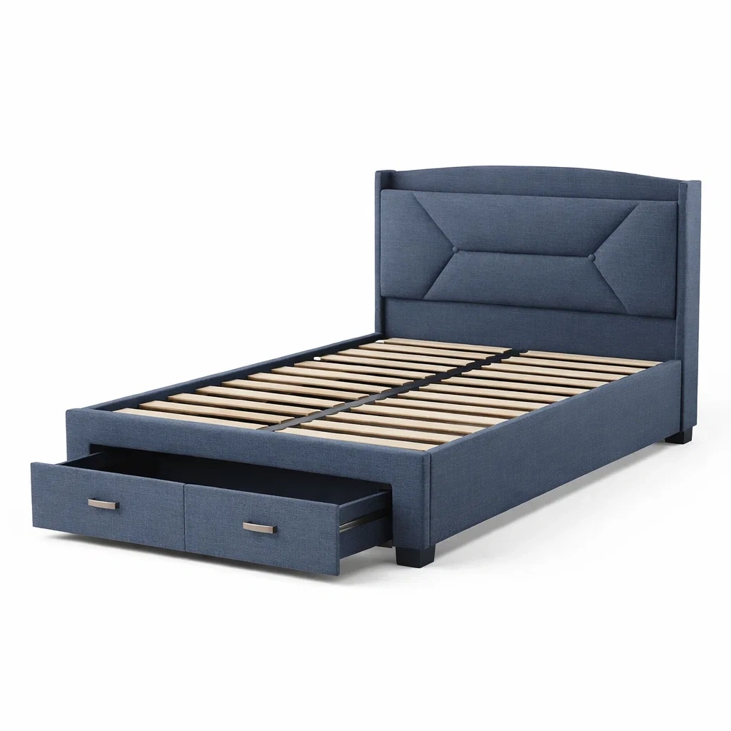 Letto contenitore singolo in tessuto blu e legno-COZYNESTZZ