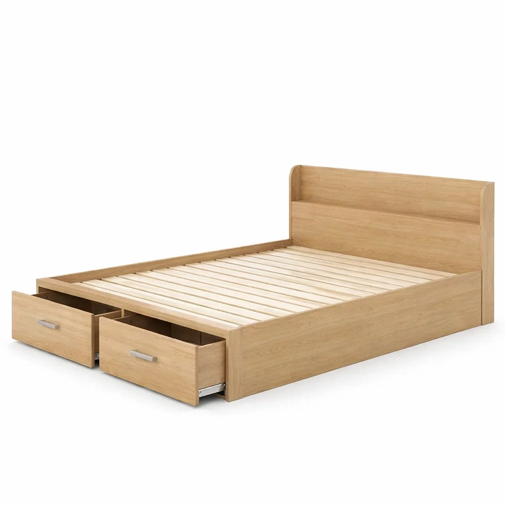 Letto contenitore matrimoniale in legno di rovere con cassetti scorrevoli-COZYNESTZZ