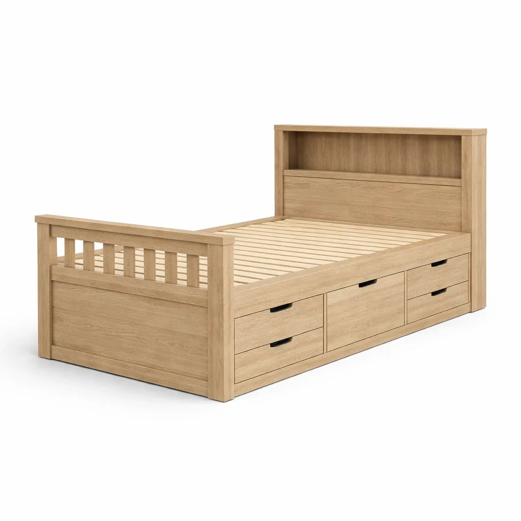 Letto contenitore singolo in legno di rovere con cassetti e testiera libreria-COZYNESTZZ