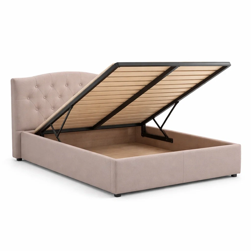 Letto contenitore matrimoniale in tessuto beige con struttura in metallo-COZYNESTZZ