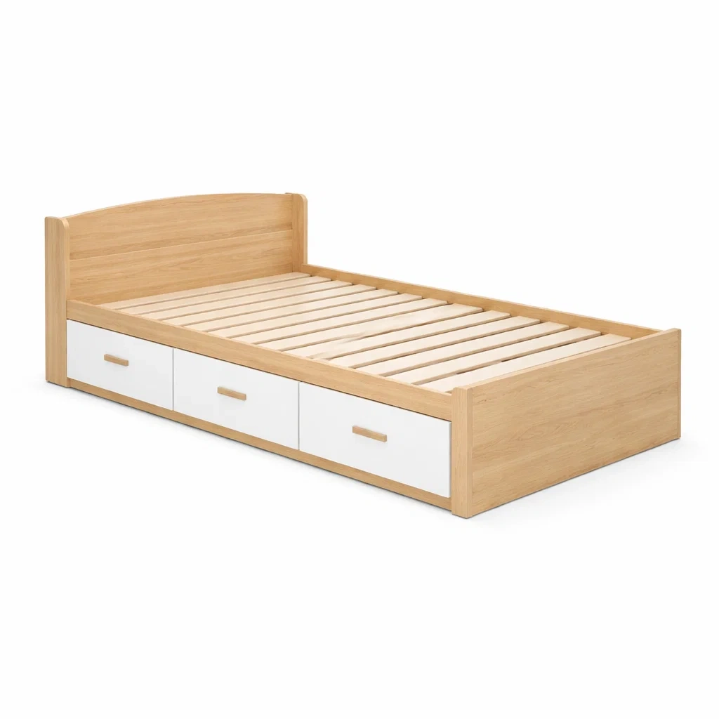 Letto contenitore singolo in legno con cassetti e rete a doghe-COZYNESTZZ