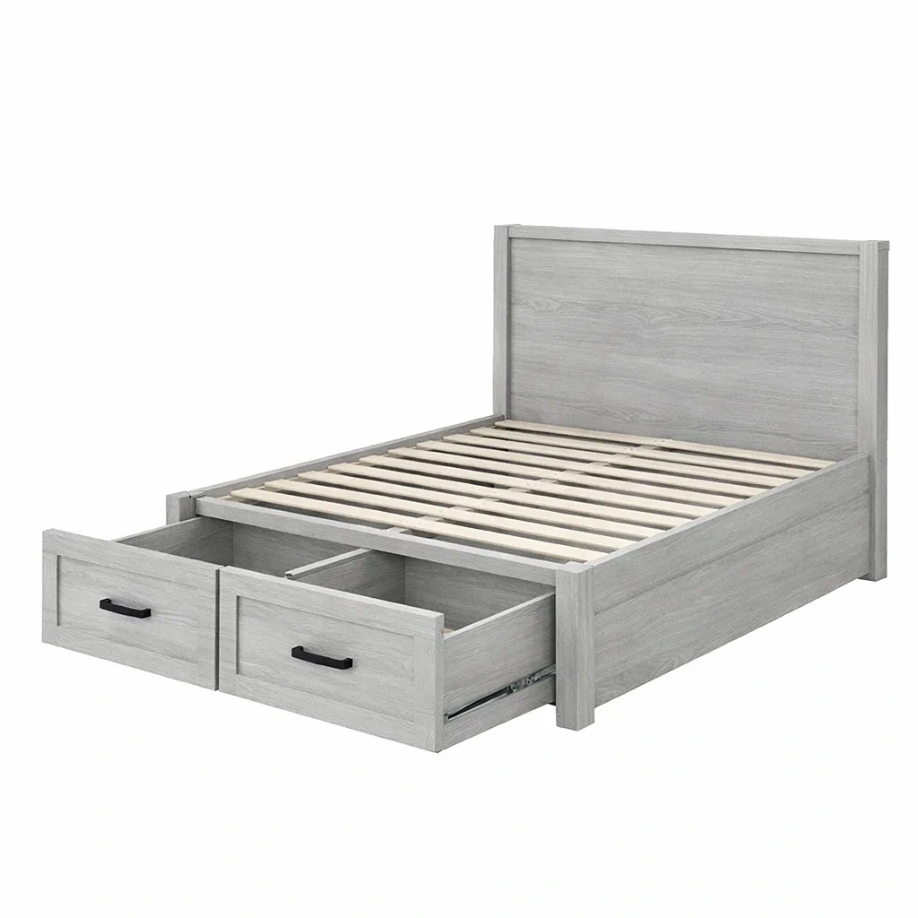 Letto contenitore in legno con cassetti e testiera grigio-COZYNESTZZ
