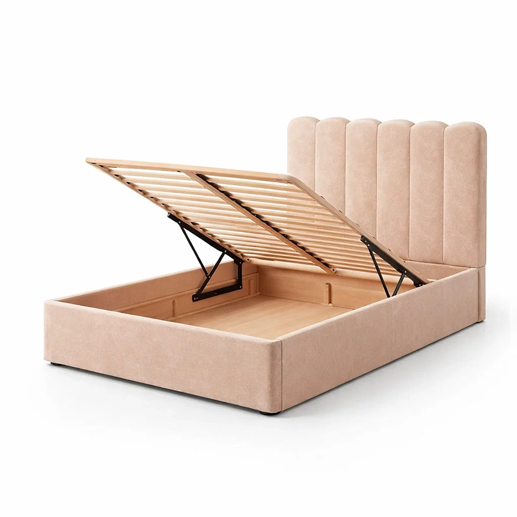 Letto contenitore matrimoniale in legno con rivestimento in tessuto beige-COZYNESTZZ