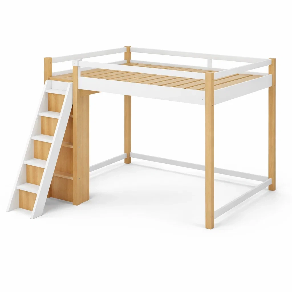 Letto a soppalco in Legno di Pino Bianco e Naturale con Scala-COZYNESTZZ