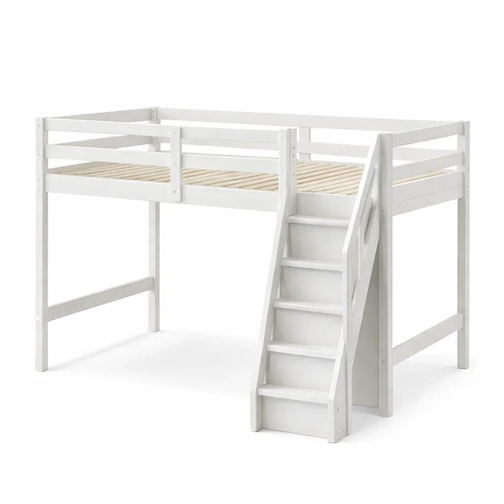 Letto a soppalco in Legno Massello Bianco con Scala-COZYNESTZZ