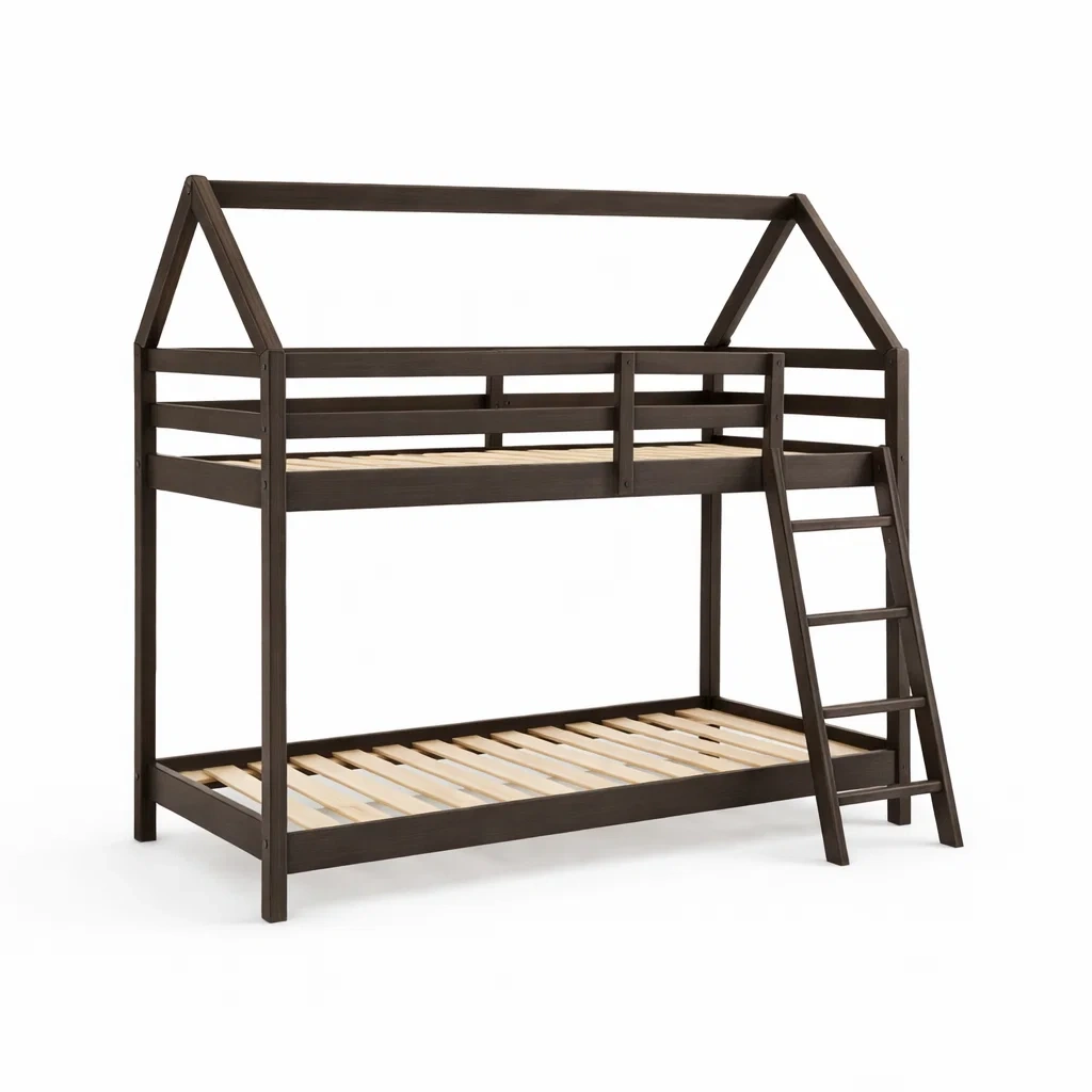 Letto a castello in Legno con Scala e Struttura a Casetta Marrone-COZYNESTZZ