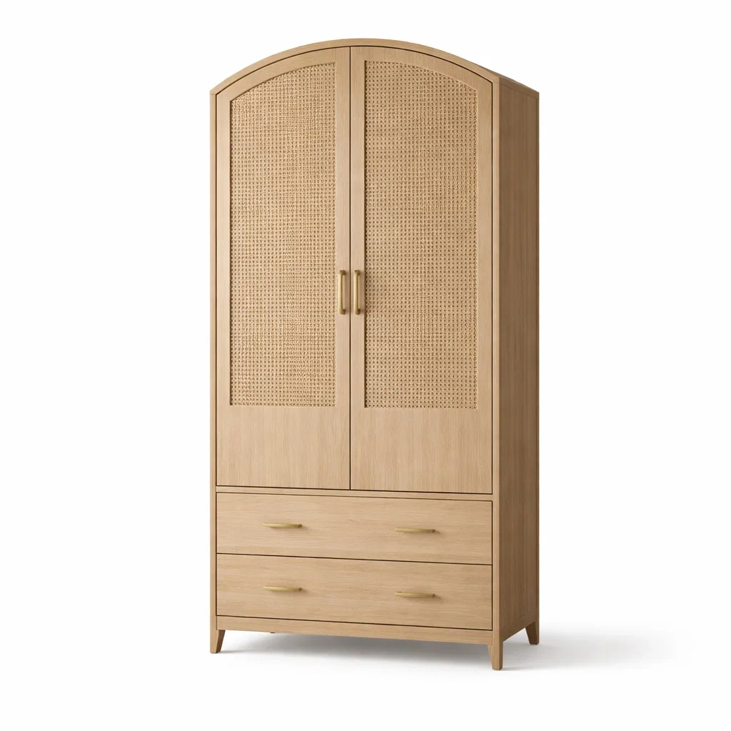 Armadio in Legno di Quercia e Rattan Beige con Due Cassetti-COZYNESTZZ