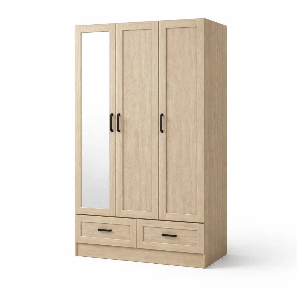 Armadio Guardaroba in Legno di Quercia con Tre Ante e Specchio-COZYNESTZZ