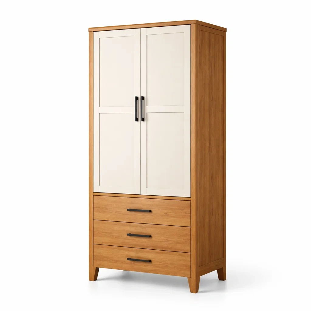 Armadio in Legno Massello e MDF con Due Ante e Cassetti-COZYNESTZZ