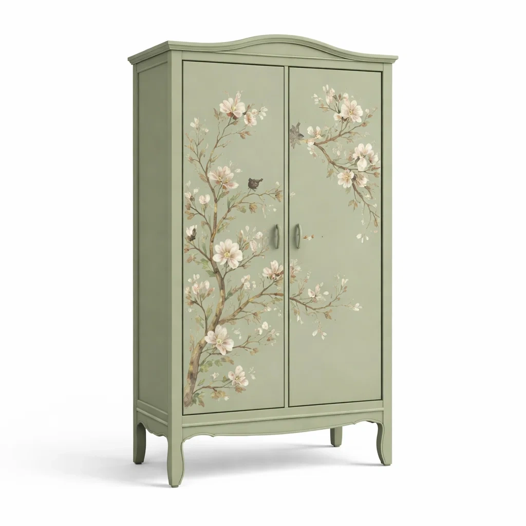 Armadio in Legno Verde con Design Floreale-COZYNESTZZ