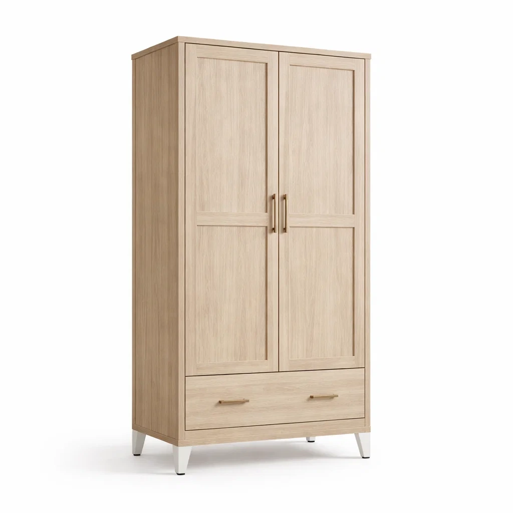 Armadio in Legno Laminato con Due Ante e Cassetto con Dettagli in Metallo-COZYNESTZZ