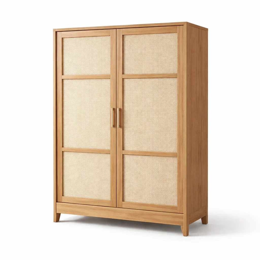 Armadio in Legno con Ante in Rattan-COZYNESTZZ