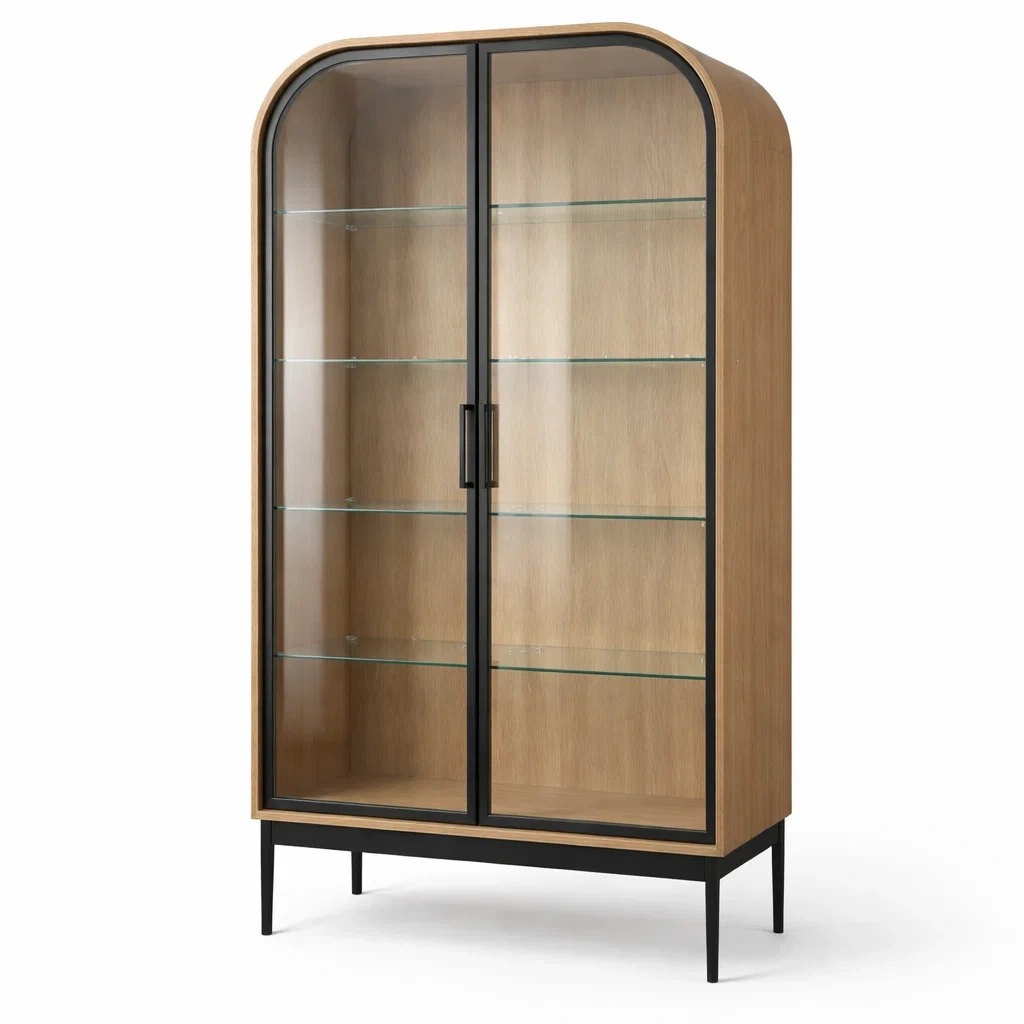 Vetrina in Legno con Ripiani in Vetro e Struttura in Metallo Nero-COZYNESTZZ