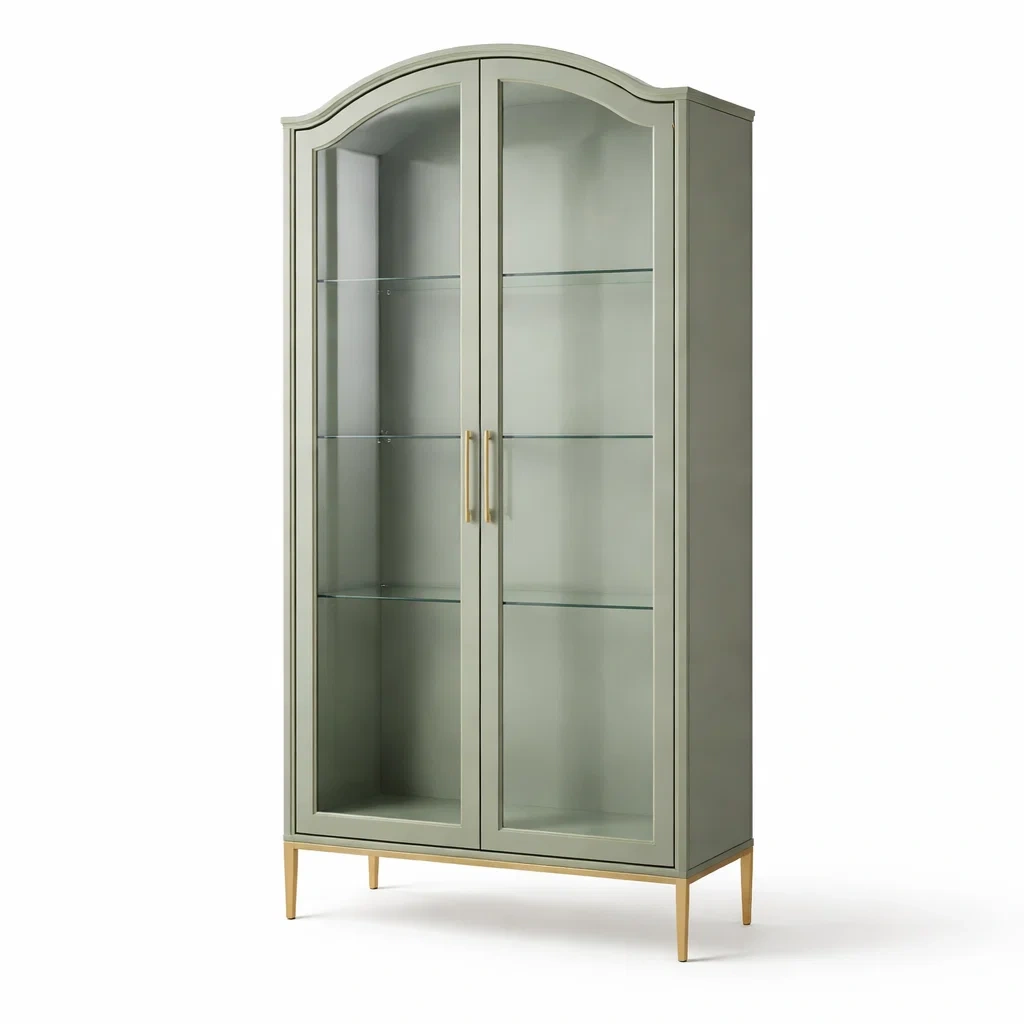 Vetrina Alta in Legno e Vetro Grigio Verde con Dettagli Oro-COZYNESTZZ