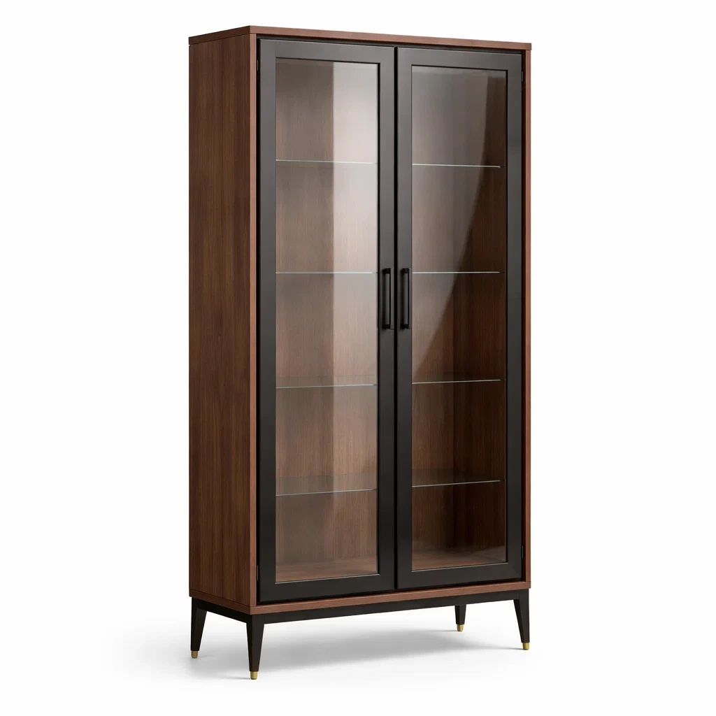 Vetrina in Legno di Noce e Metallo con Ante in Vetro Temperato-COZYNESTZZ