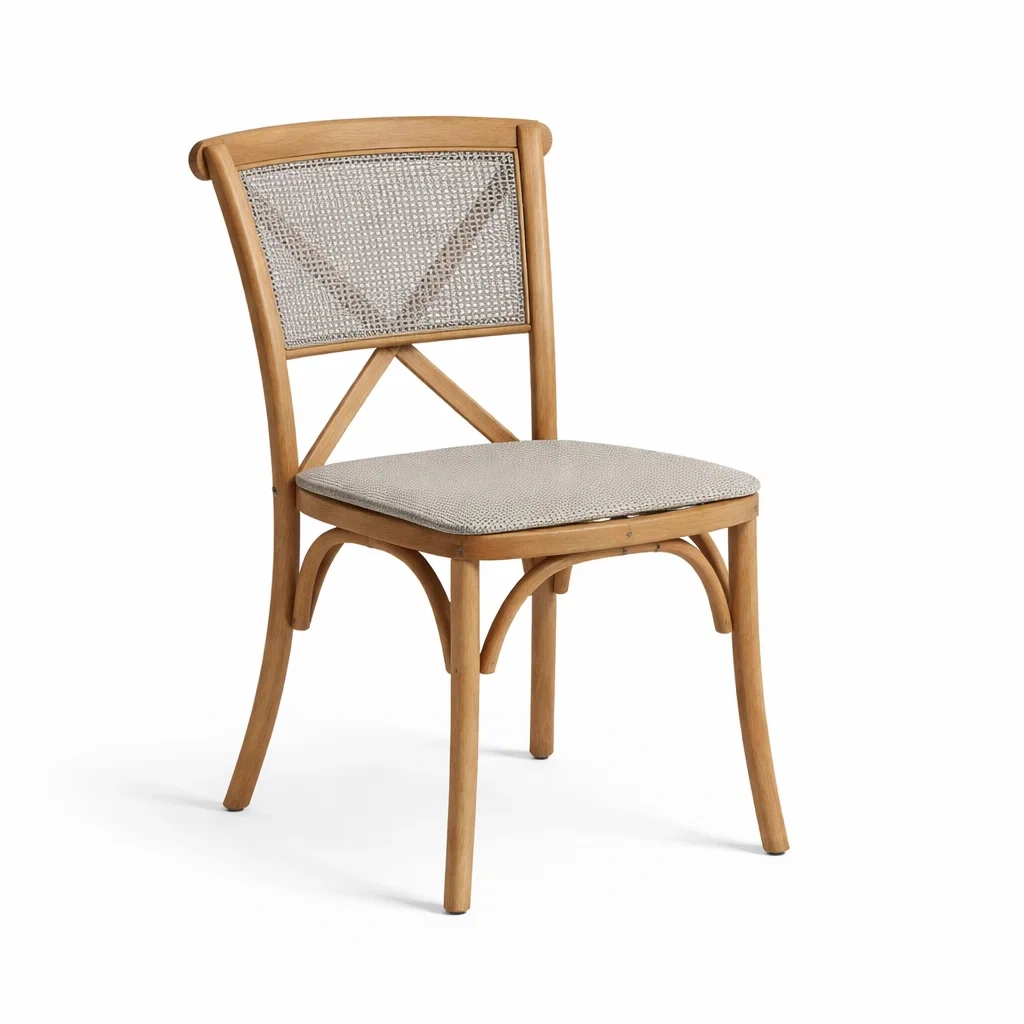 Sedia da pranzo in Legno con Schienale in Rattan e Sedile Imbottito-COZYNESTZZ