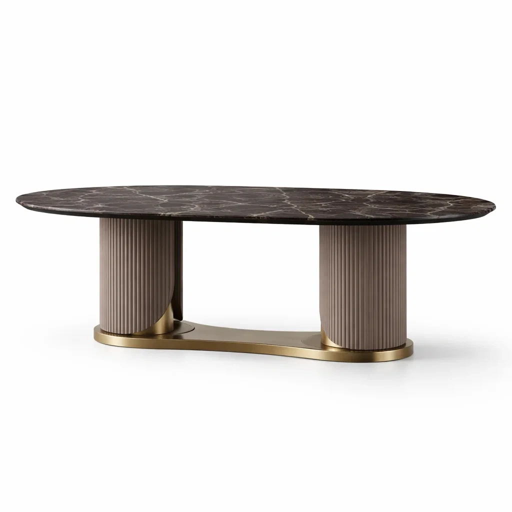 Tavolo da pranzo ovale in marmo marrone con base in metallo-COZYNESTZZ