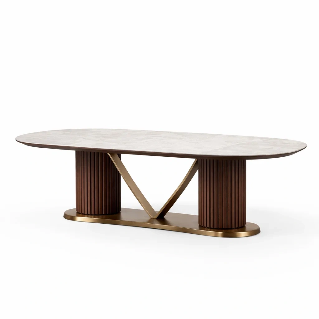 Tavolo da pranzo ovale in marmo di Carrara e legno di noce con base in ottone-COZYNESTZZ