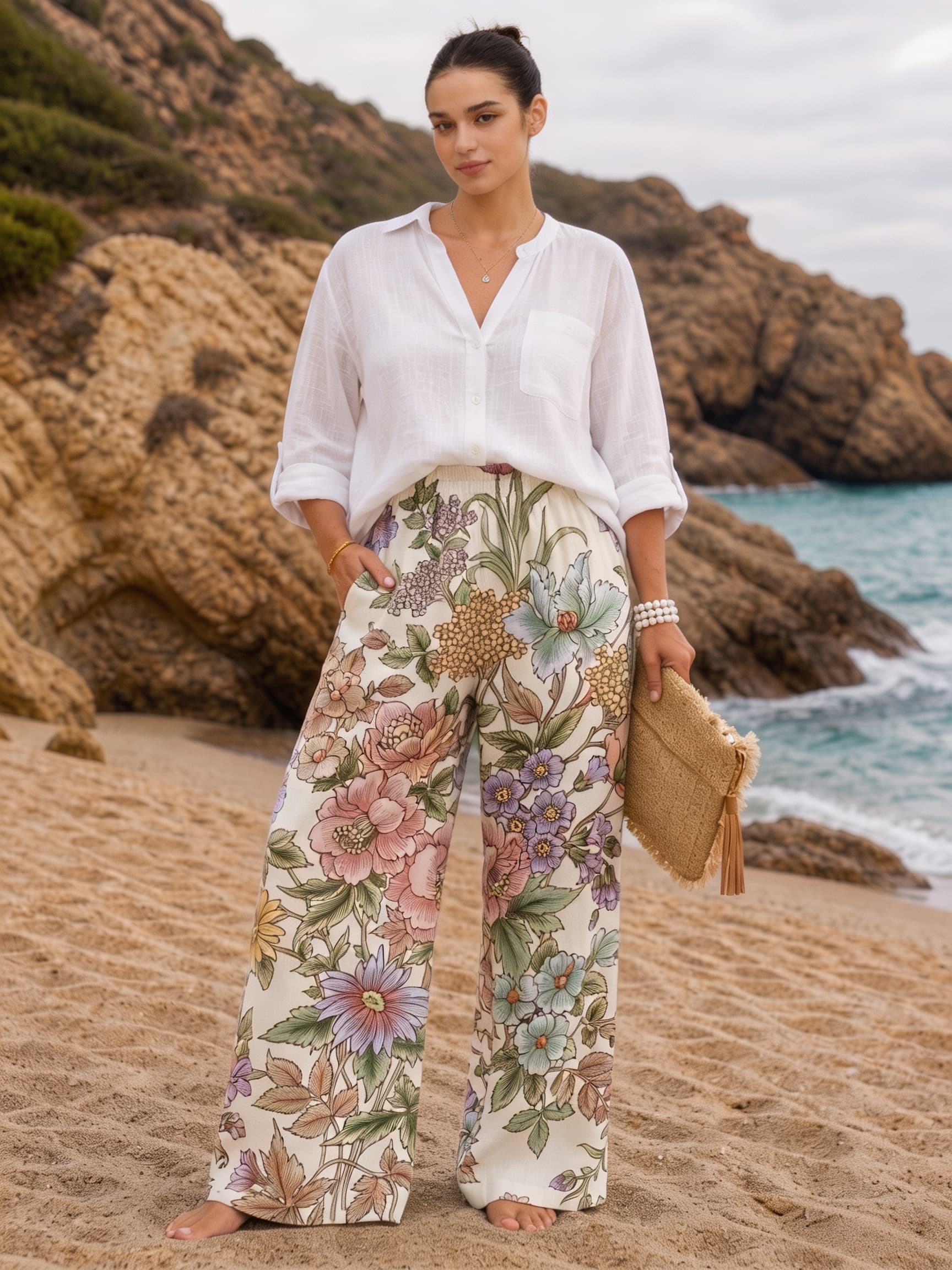 Vintage Soft Mixed Floral Botanical Print Drawstring Wide Leg Trousers